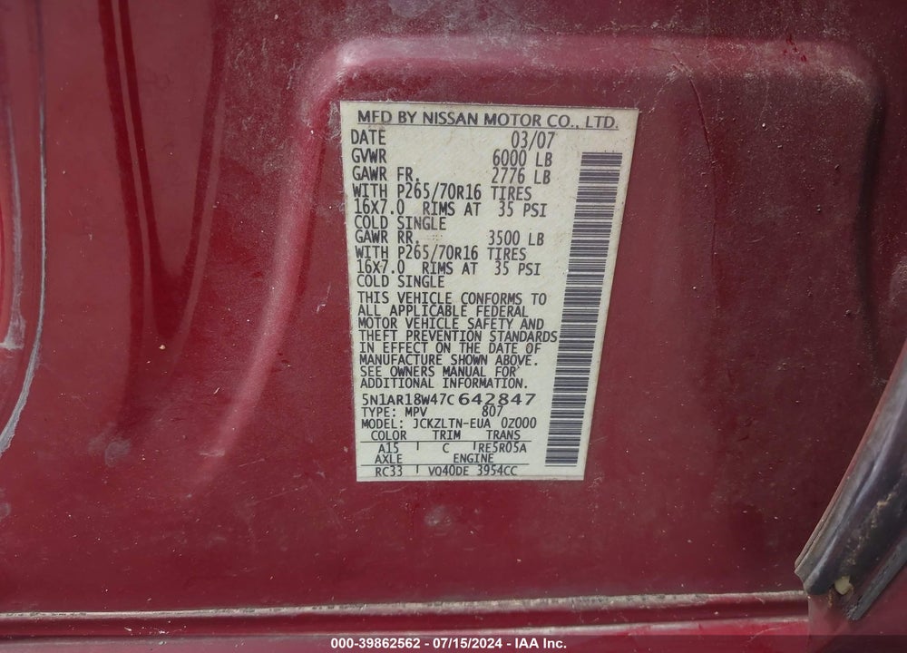 2007 NISSAN PATHFINDER VIN: 5N1AR18W47C642847