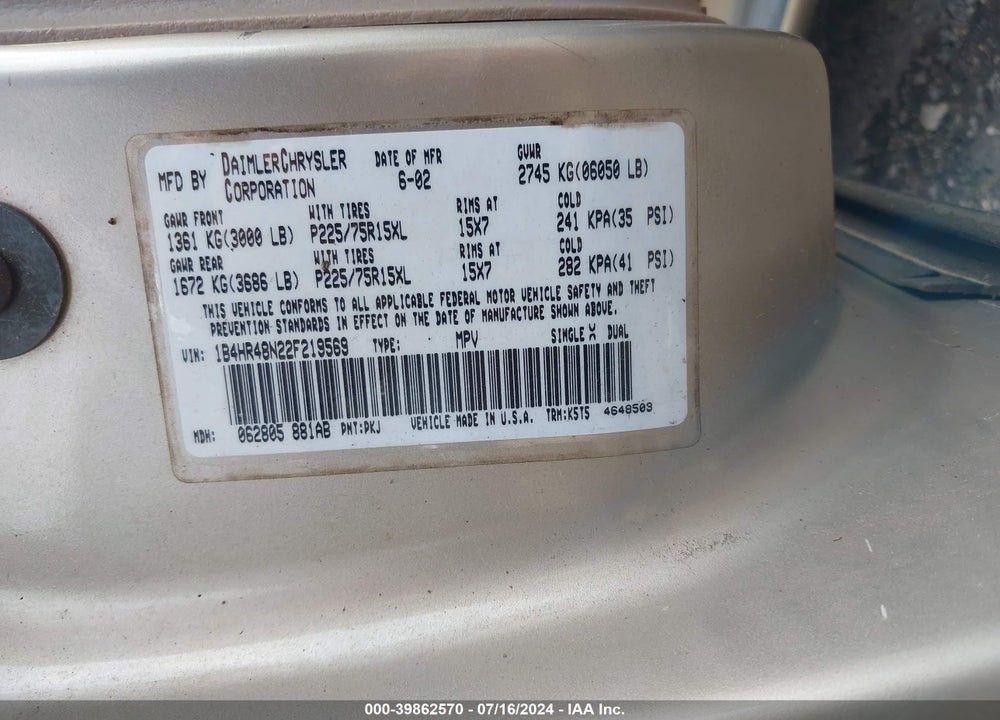 2002 DODGE DURANGO SLT VIN: 1B4HR48N22F219569