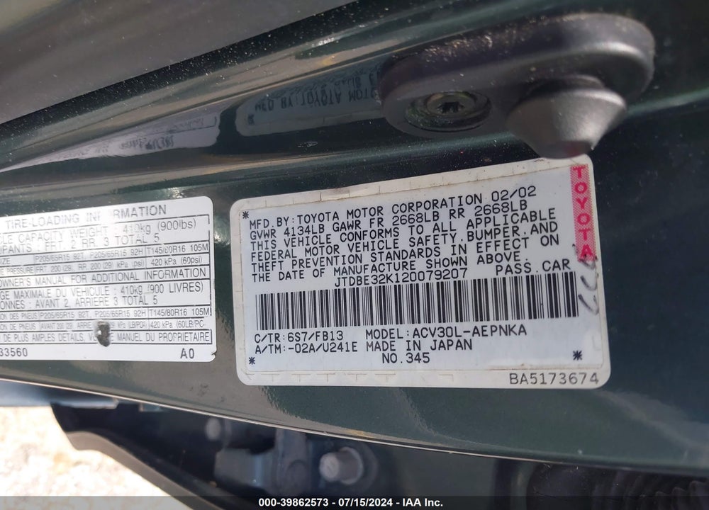 2002 TOYOTA CAMRY LE VIN: JTDBE32K120079207
