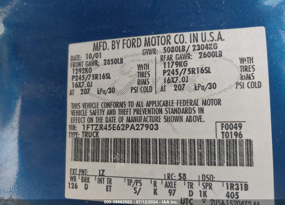 2002 FORD RANGER VIN: 1FTZR45E62PA27903