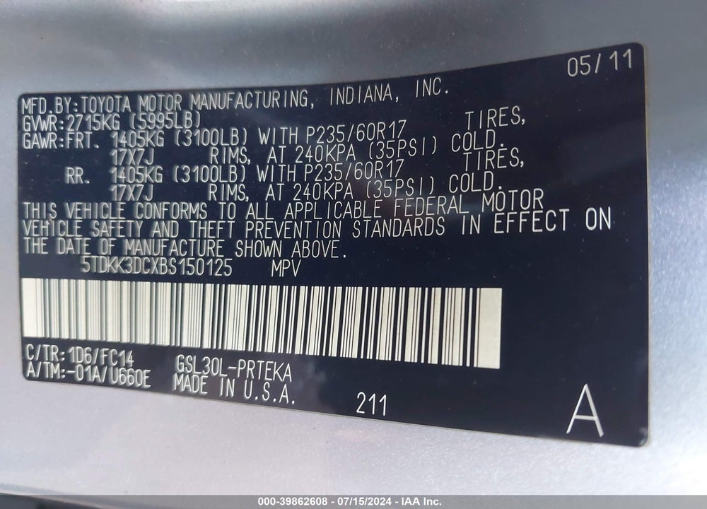 2011 TOYOTA SIENNA LE V6 VIN: 5TDKK3DCXBS150125
