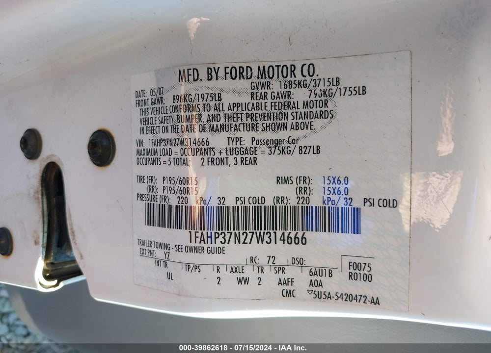2007 FORD FOCUS S/SE/SES VIN: 1FAHP37N27W314666