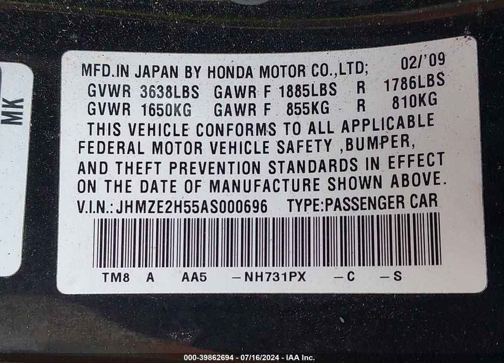 2010 HONDA INSIGHT LX VIN: JHMZE2H55AS000696
