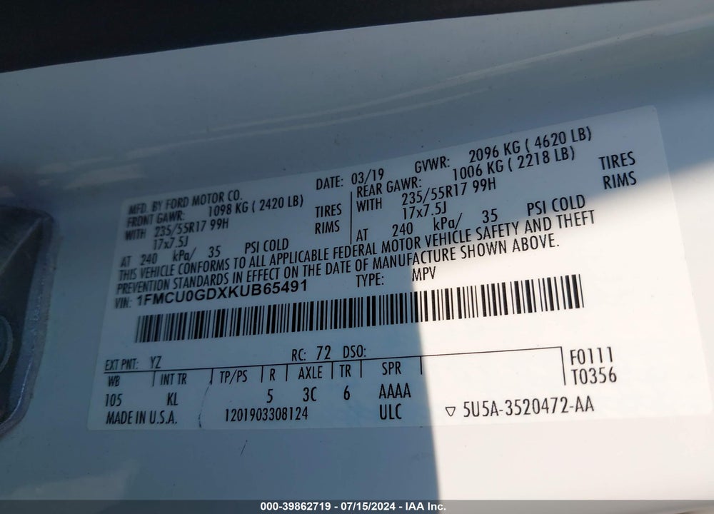 2019 FORD ESCAPE SE VIN: 1FMCU0GDXKUB65491