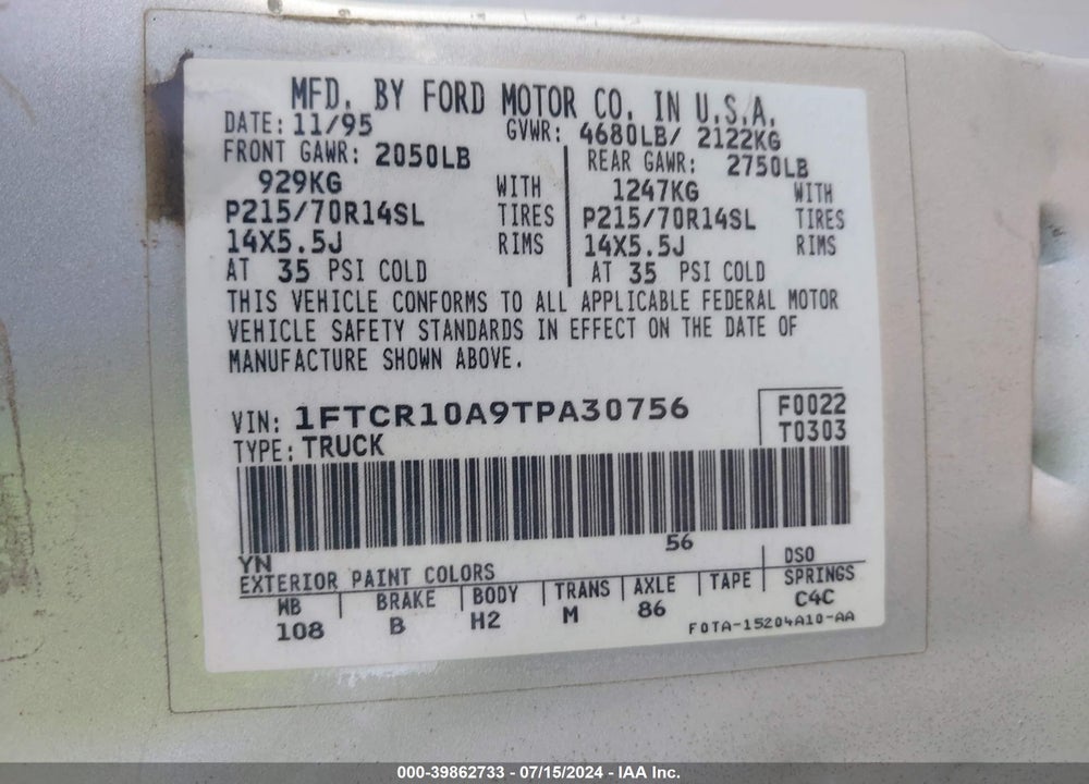 1996 FORD RANGER VIN: 1FTCR10A9TPA30756