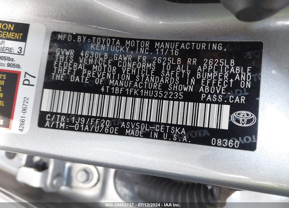 2017 TOYOTA CAMRY SE VIN: 4T1BF1FK1HU352235