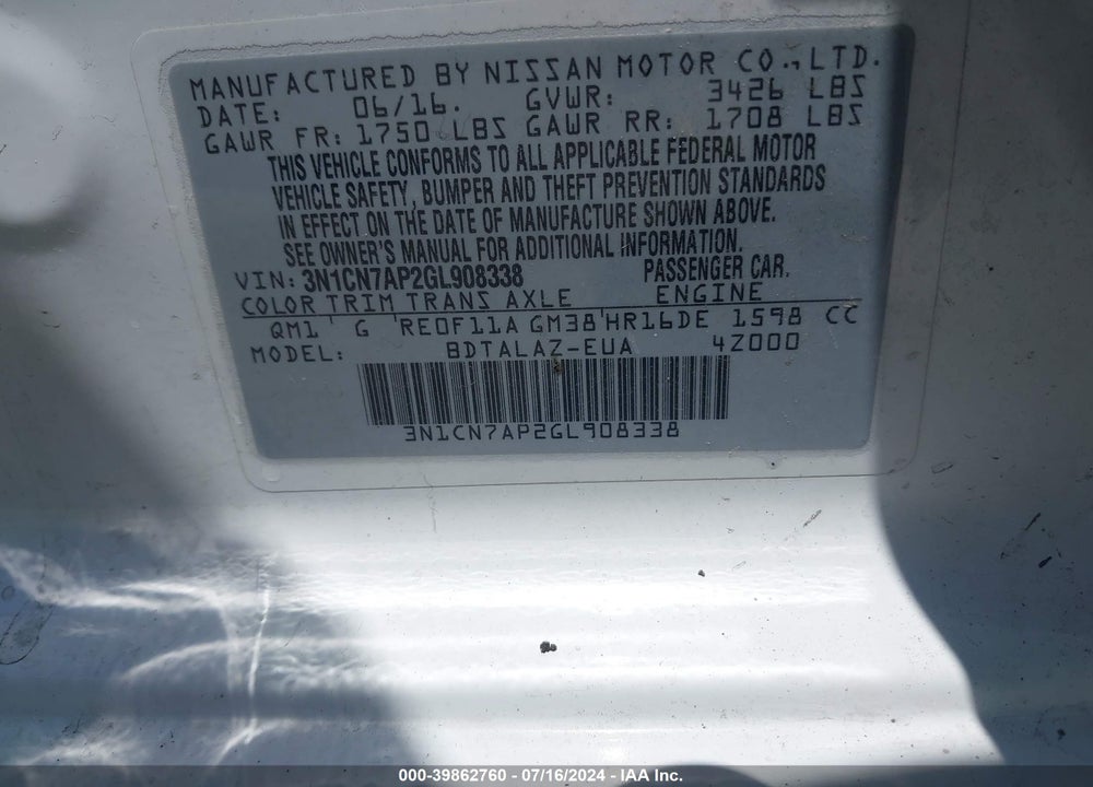 2016 NISSAN VERSA 1.6 S+ VIN: 3N1CN7AP2GL908338