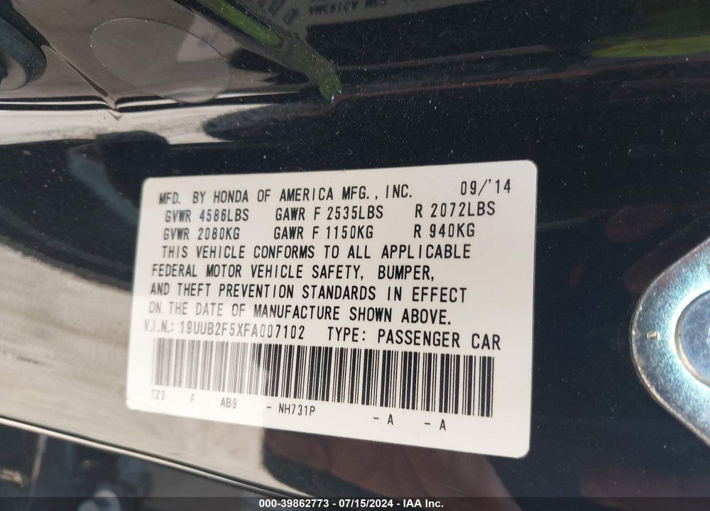 2015 ACURA TLX V6 TECH VIN: 19UUB2F5XFA007102