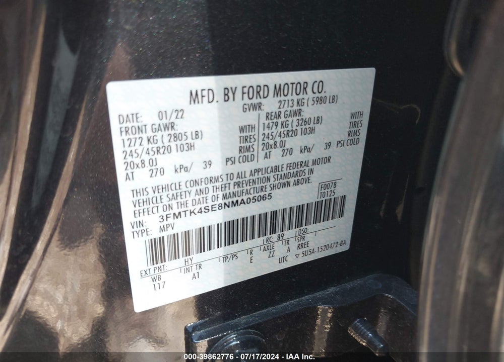 2022 FORD MUSTANG MACH-E GT VIN: 3FMTK4SE8NMA05065