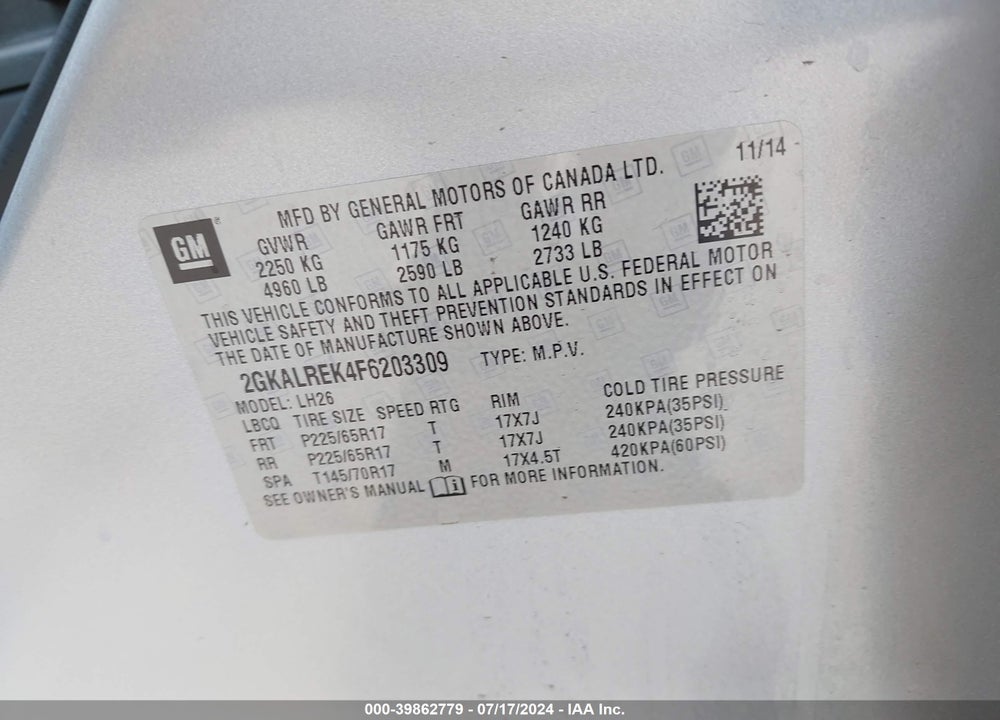 2015 GMC TERRAIN SLE-2 VIN: 2GKALREK4F6203309