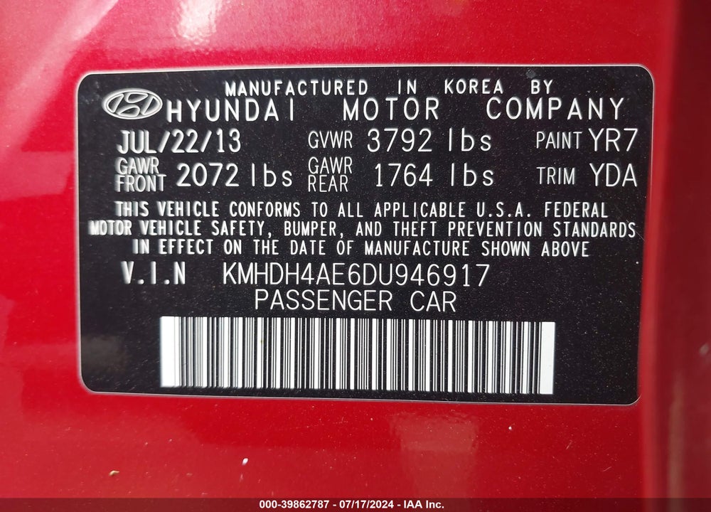 2013 HYUNDAI ELANTRA GLS VIN: KMHDH4AE6DU946917