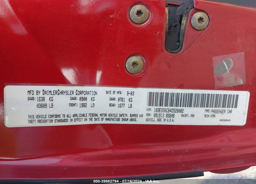 2004 DODGE NEON SXT VIN: 1B3ES56C64D526082