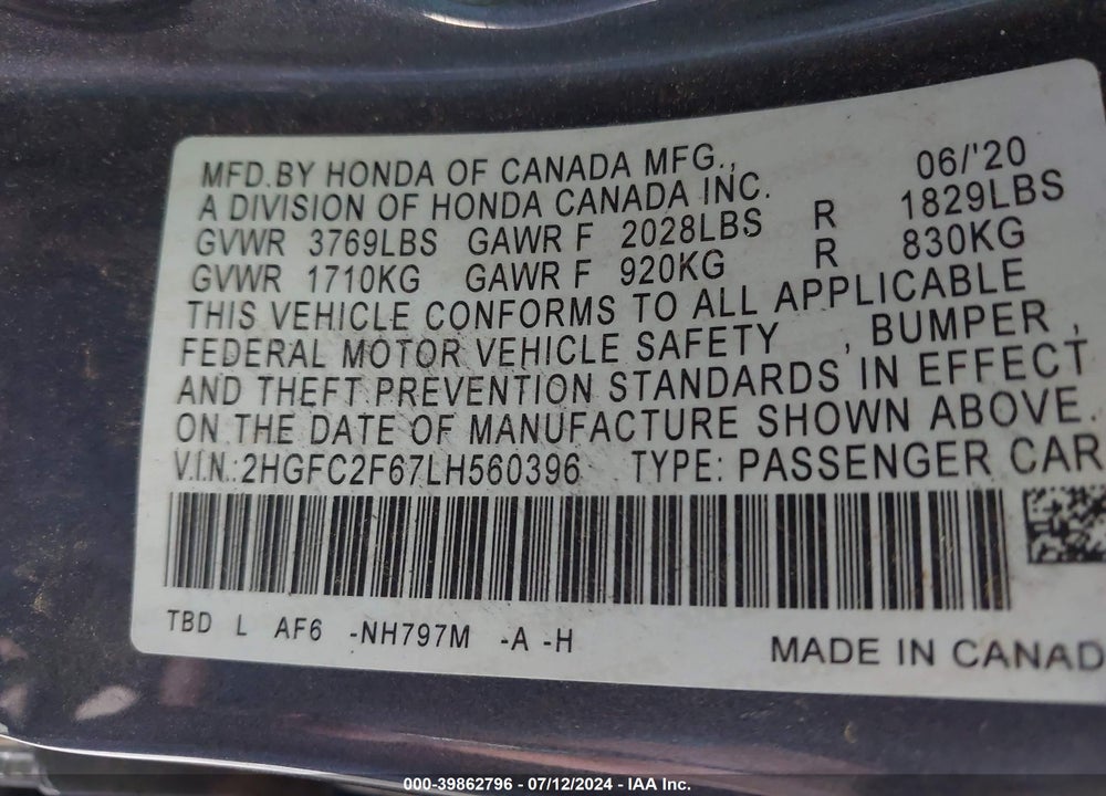 2020 HONDA CIVIC LX VIN: 2HGFC2F67LH560396