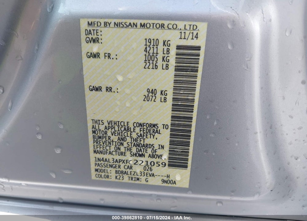 2015 NISSAN ALTIMA 2.5 S VIN: 1N4AL3APXFC221059