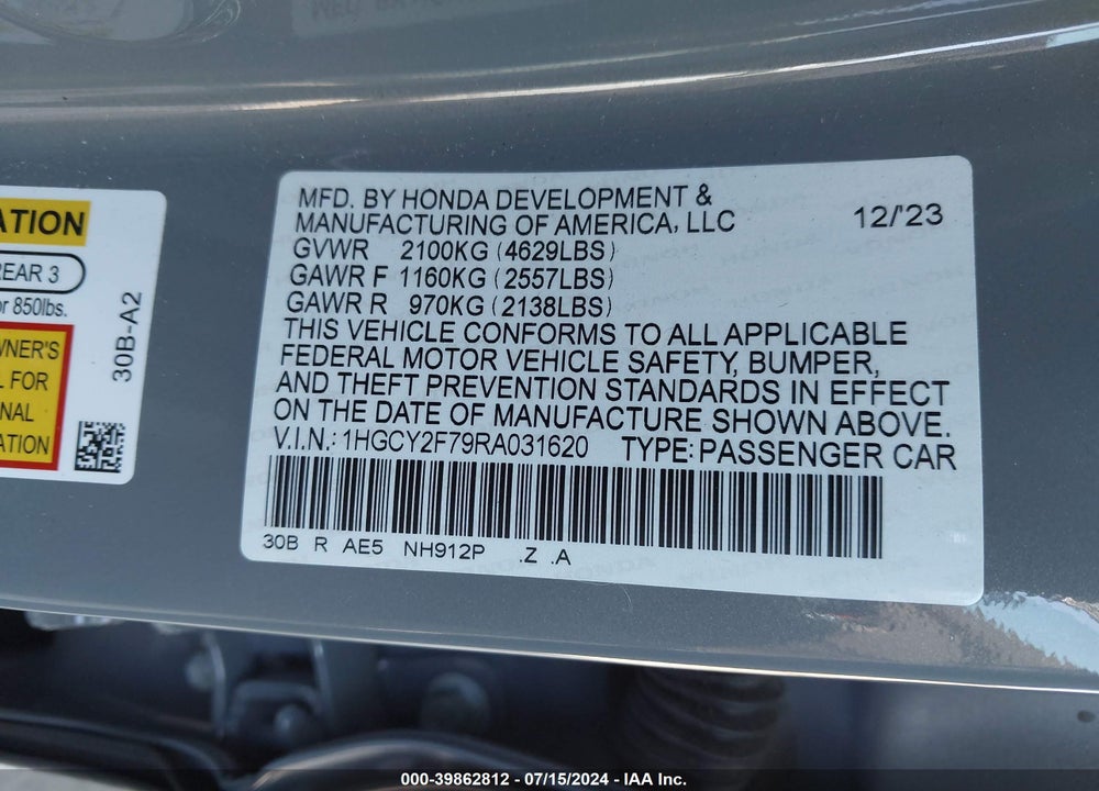 2024 HONDA ACCORD HYBRID SPORT-L VIN: 1HGCY2F79RA031620