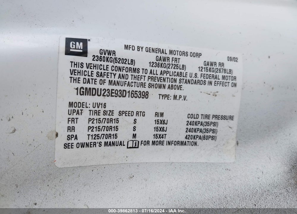2003 PONTIAC MONTANA V16 VIN: 1GMDU23E93D165398