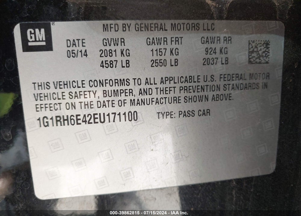 2014 CHEVROLET VOLT VIN: 1G1RH6E42EU171100