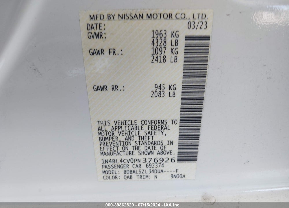 2023 NISSAN ALTIMA SR FWD VIN: 1N4BL4CV0PN376926