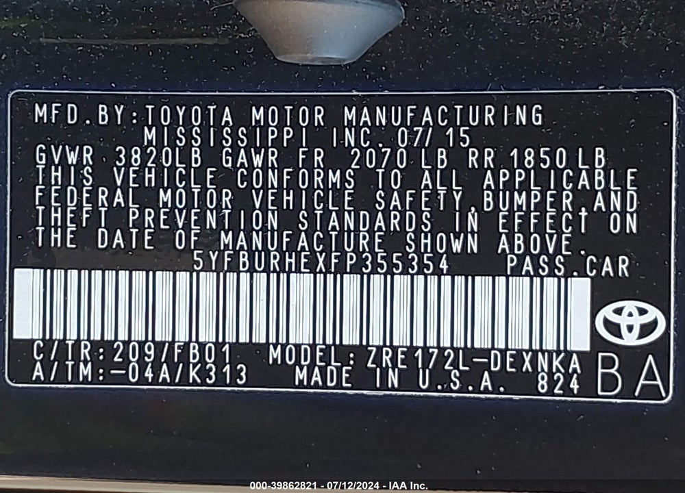 2015 TOYOTA COROLLA LE VIN: 5YFBURHEXFP355354