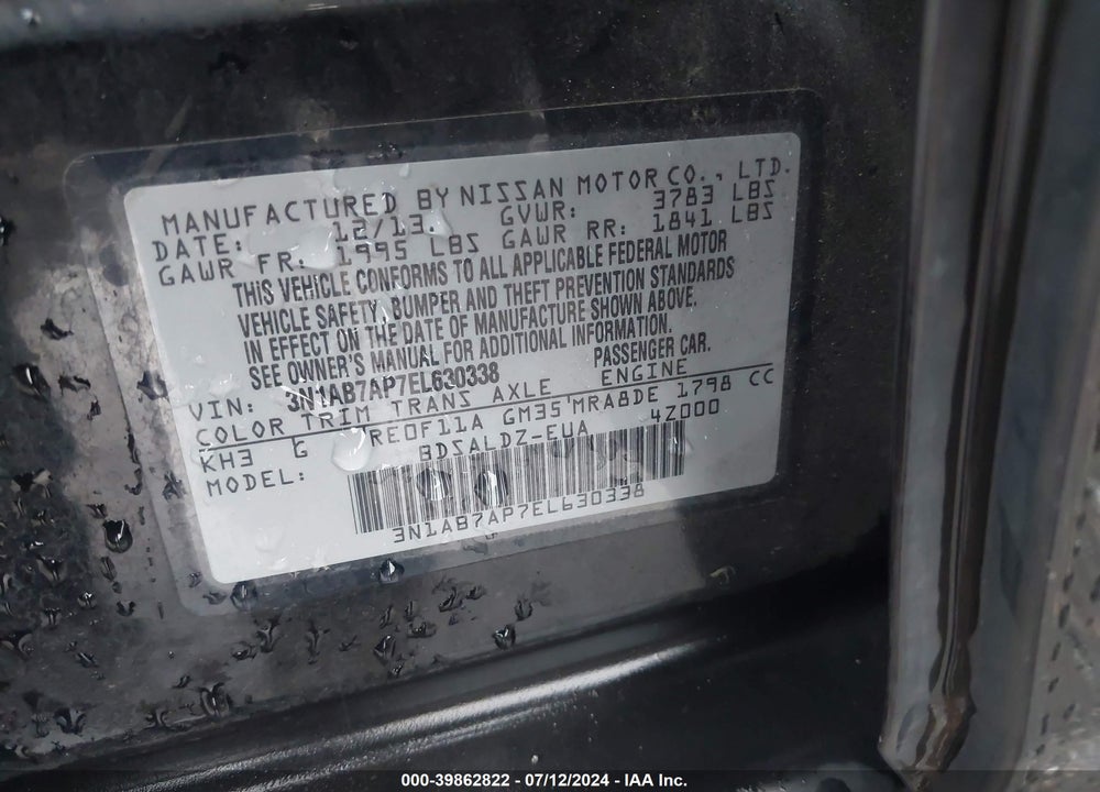 2014 NISSAN SENTRA SV VIN: 3N1AB7AP7EL630338