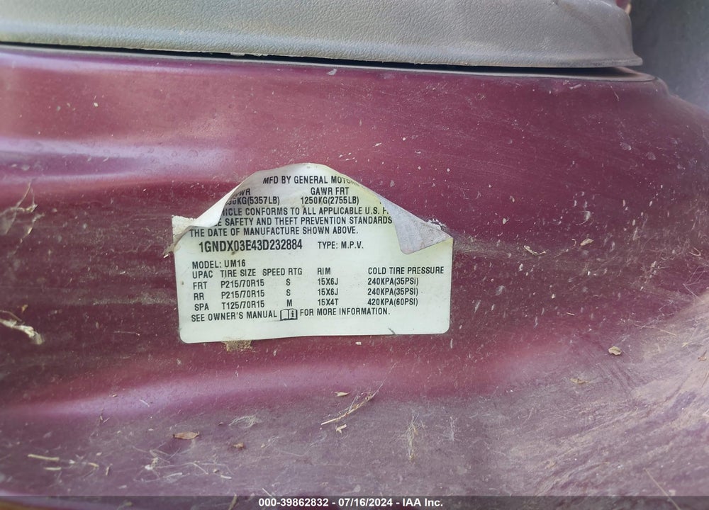 2003 CHEVROLET VENTURE LS VIN: 1GNDX03E43D232884