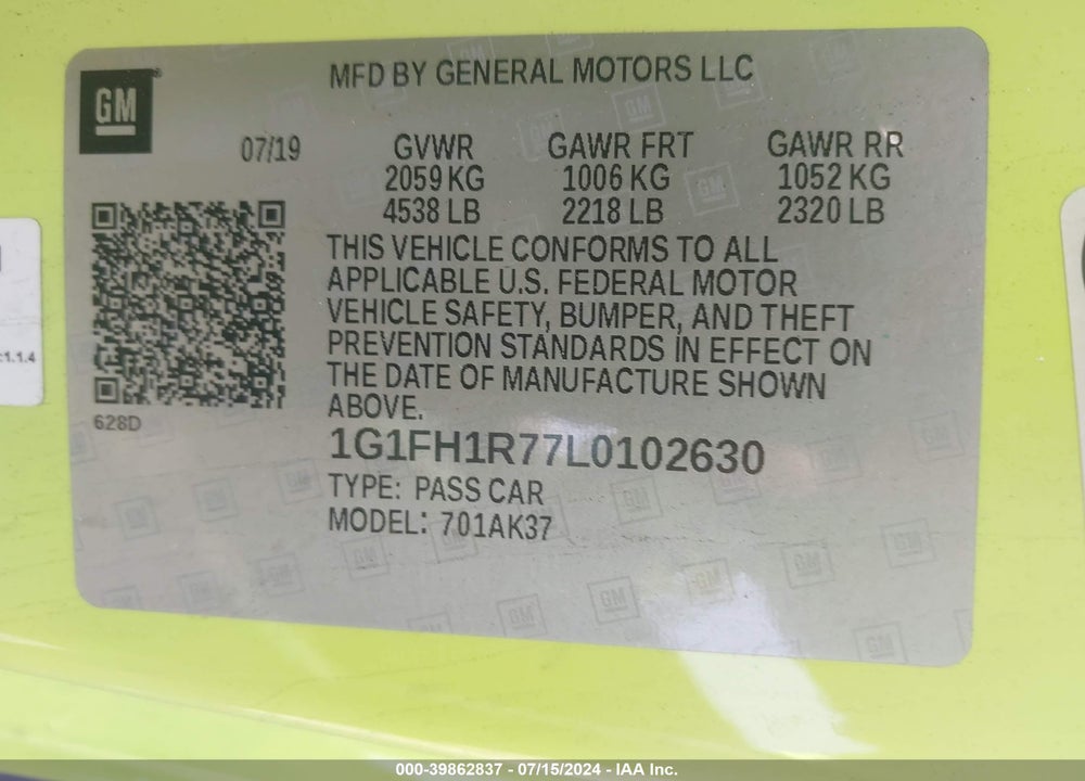 2020 CHEVROLET CAMARO RWD 2SS VIN: 1G1FH1R77L0102630