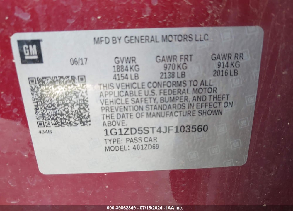 2018 CHEVROLET MALIBU LT VIN: 1G1ZD5ST4JF103560