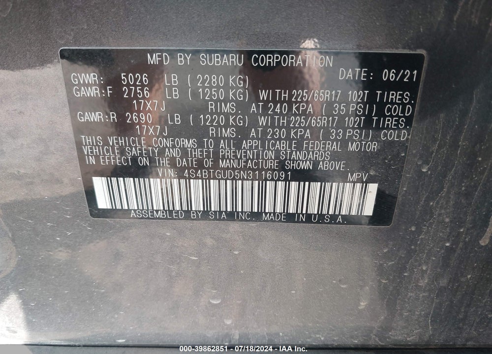 2022 SUBARU OUTBACK WILDERNESS VIN: 4S4BTGUD5N3116091