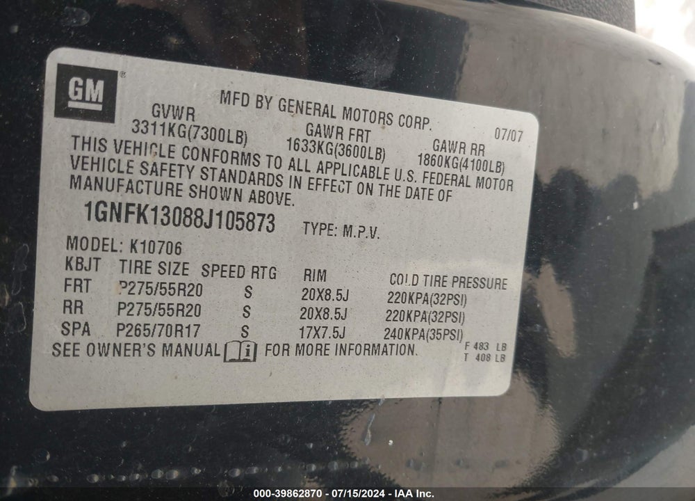 2008 CHEVROLET TAHOE LTZ VIN: 1GNFK13088J105873