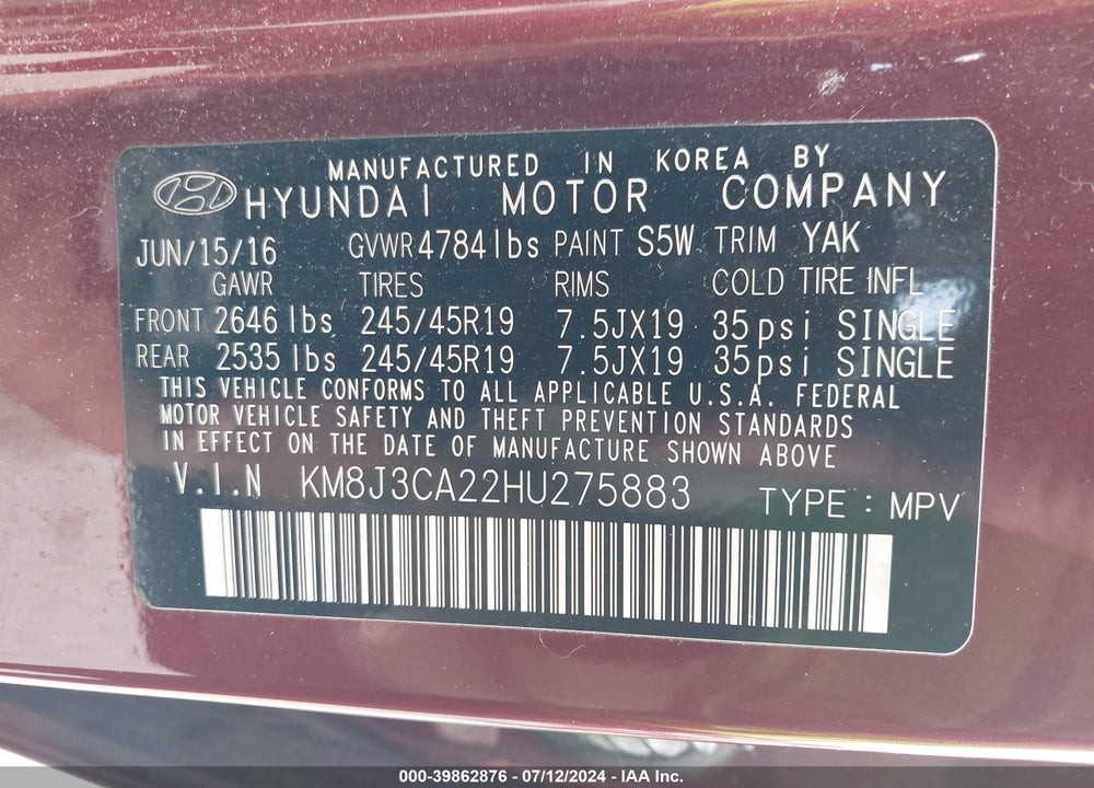 2017 HYUNDAI TUCSON LIMITED VIN: KM8J3CA22HU275883