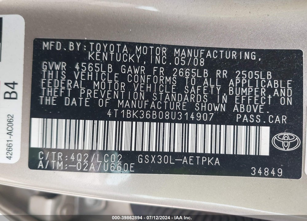 2008 TOYOTA AVALON LIMITED VIN: 4T1BK36B08U314907