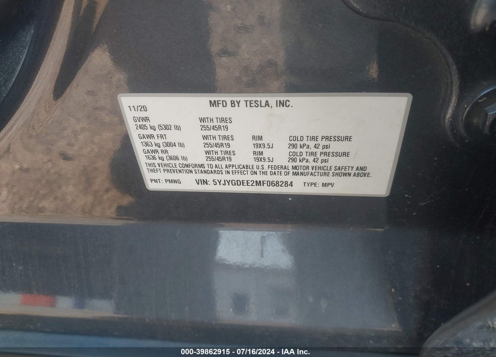 2021 TESLA MODEL Y LONG RANGE DUAL MOTOR ALL-WHEEL DRIVE VIN: 5YJYGDEE2MF068284