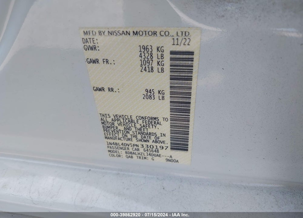 2023 NISSAN ALTIMA SV FWD VIN: 1N4BL4DV5PN330197