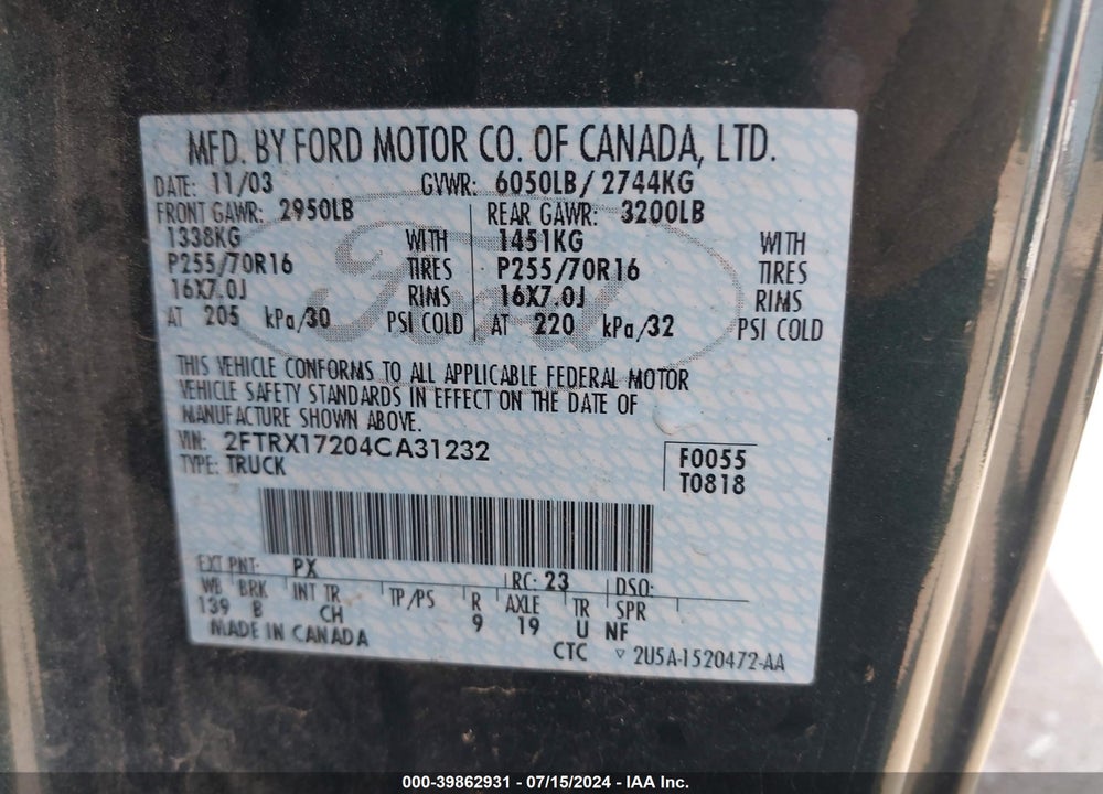 2004 FORD F-150 HERITAGE XL/XLT VIN: 2FTRX17204CA31232