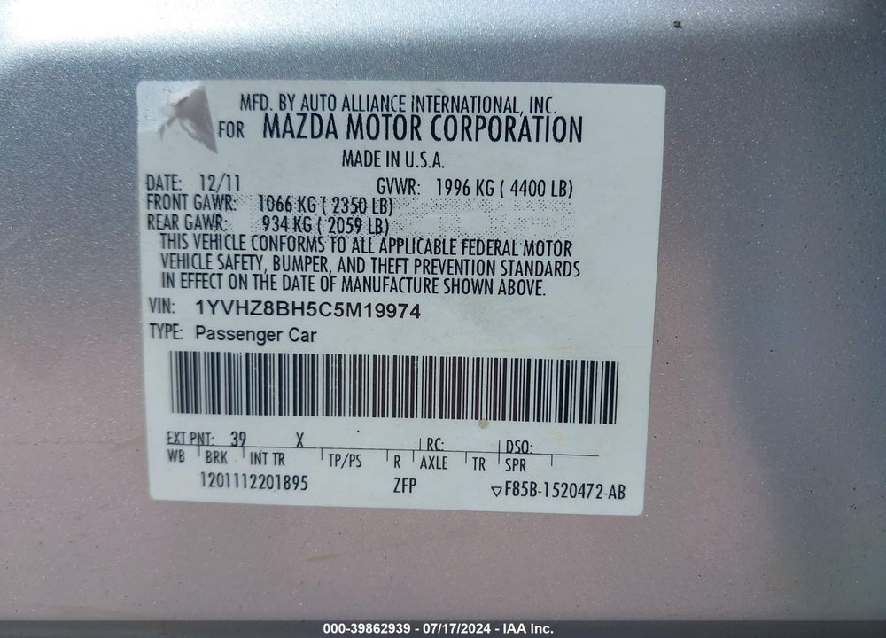 2012 MAZDA 6 I SPORT VIN: 1YVHZ8BH5C5M19974