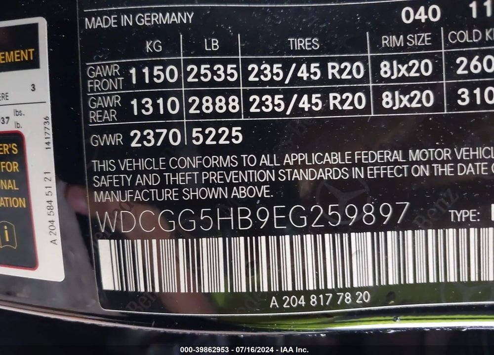 2014 MERCEDES-BENZ GLK 350 VIN: WDCGG5HB9EG259897