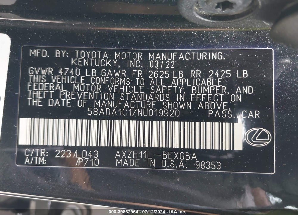 2022 LEXUS ES 300H VIN: 58ADA1C17NU019920