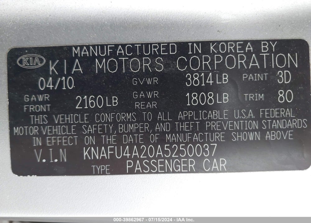 2010 KIA FORTE EX VIN: KNAFU4A20A5250037