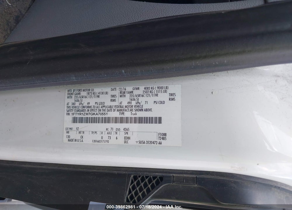 2016 FORD TRANSIT-250 VIN: 1FTYR1ZM7GKA70551
