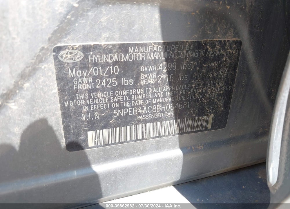 2011 HYUNDAI SONATA GLS VIN: 5NPEB4AC8BH064681