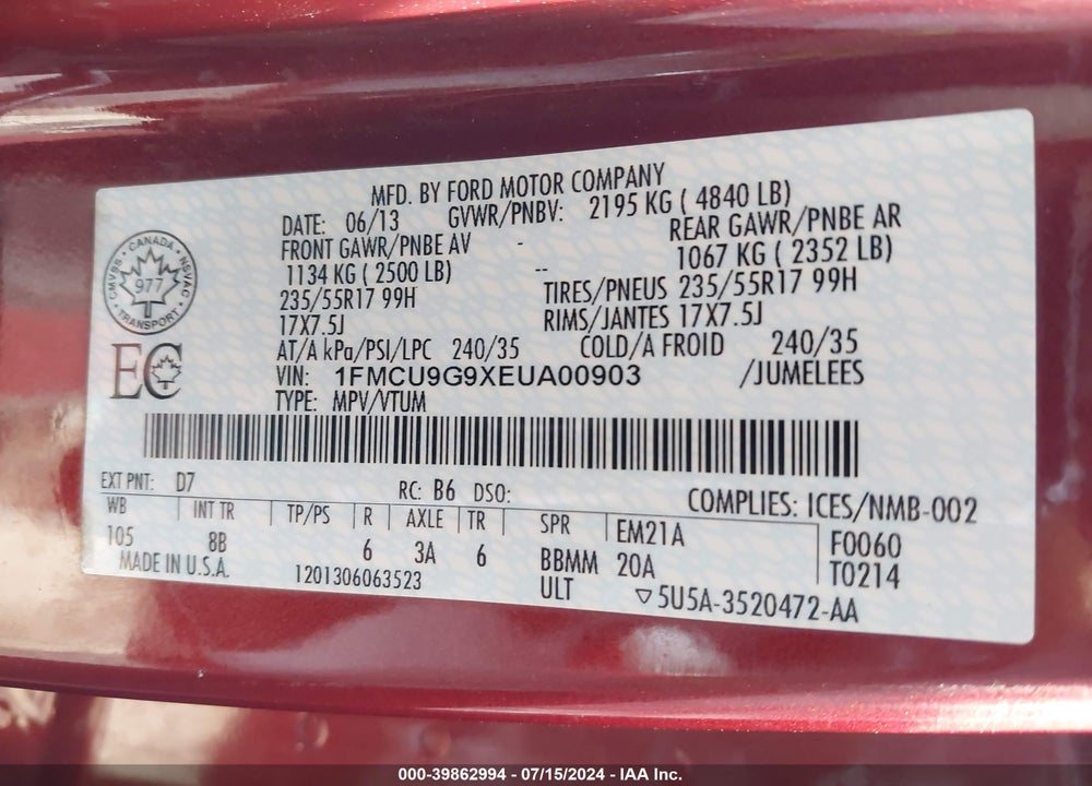 2014 FORD ESCAPE SE VIN: 1FMCU9G9XEUA00903