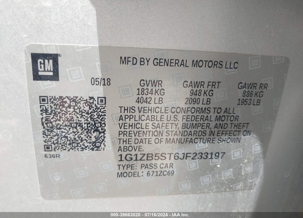 2018 CHEVROLET MALIBU VIN: 1G1ZB5ST6JF233197