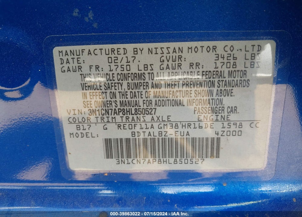 2017 NISSAN VERSA 1.6 SV VIN: 3N1CN7AP8HL850527