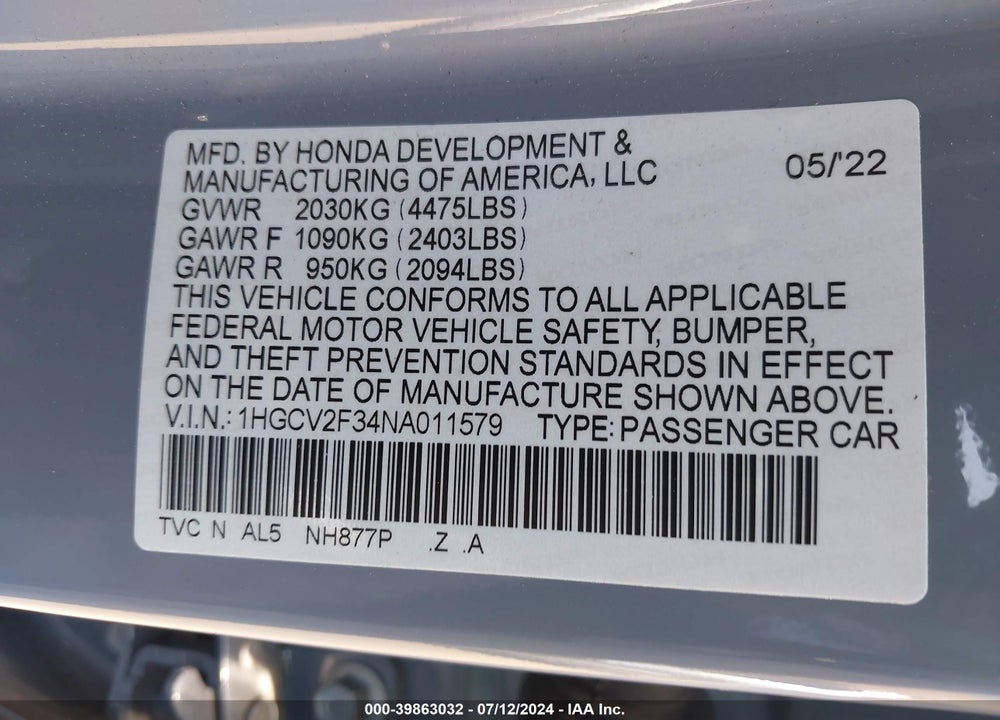 2022 HONDA ACCORD SPORT 2.0T VIN: 1HGCV2F34NA011579