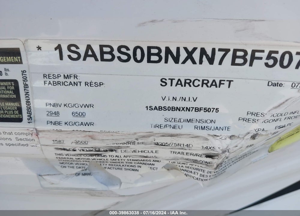 2021 STARCRAFT OTHER VIN: 1SABS0BNXN7BF5075