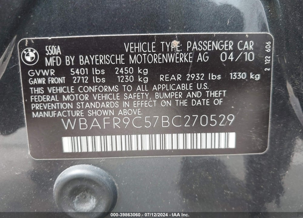 2011 BMW 550I VIN: WBAFR9C57BC270529
