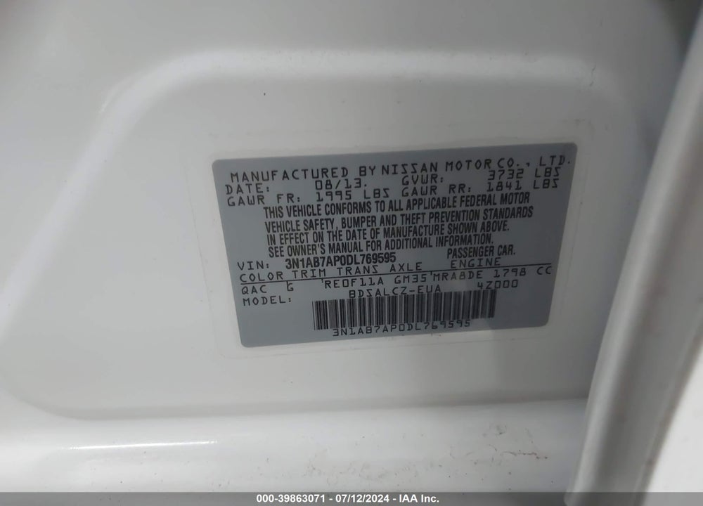 2013 NISSAN SENTRA FE+ S VIN: 3N1AB7AP0DL769595