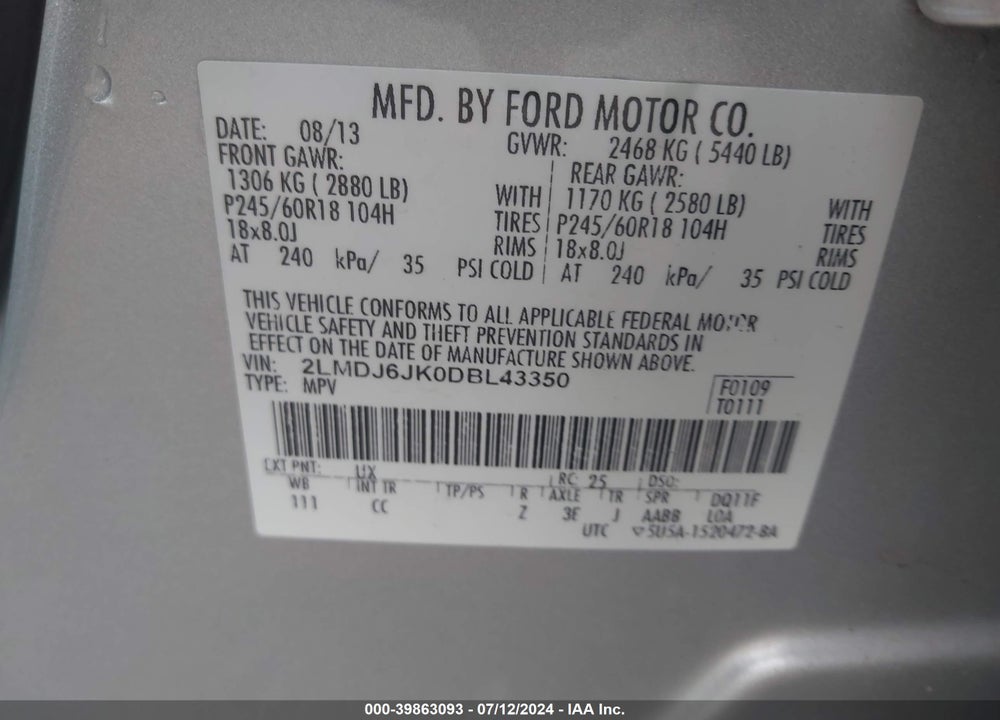 2013 LINCOLN MKX VIN: 2LMDJ6JK0DBL43350
