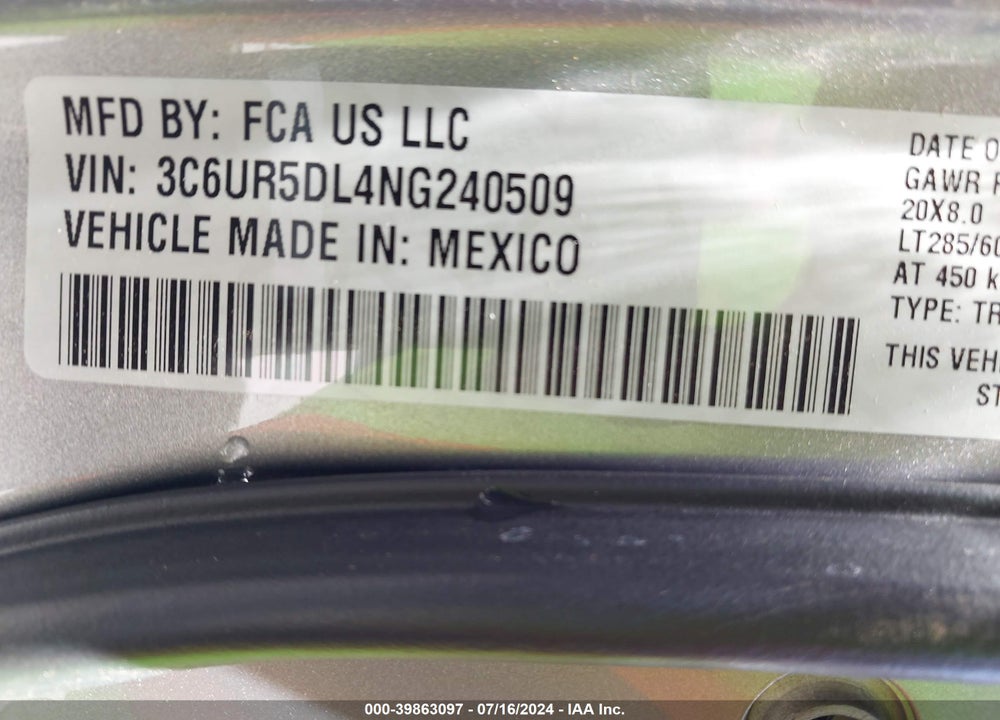 2022 RAM 2500 BIG HORN 4X4 6'4 BOX VIN: 3C6UR5DL4NG240509