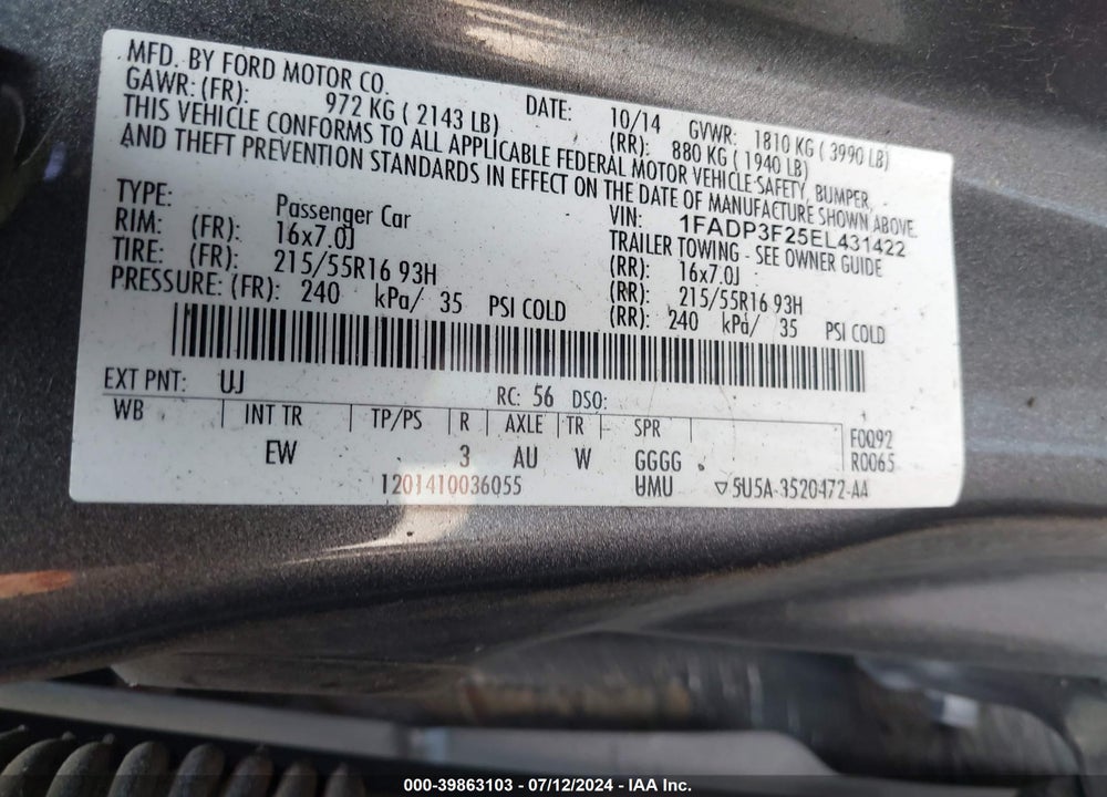 2014 FORD FOCUS SE VIN: 1FADP3F25EL431422